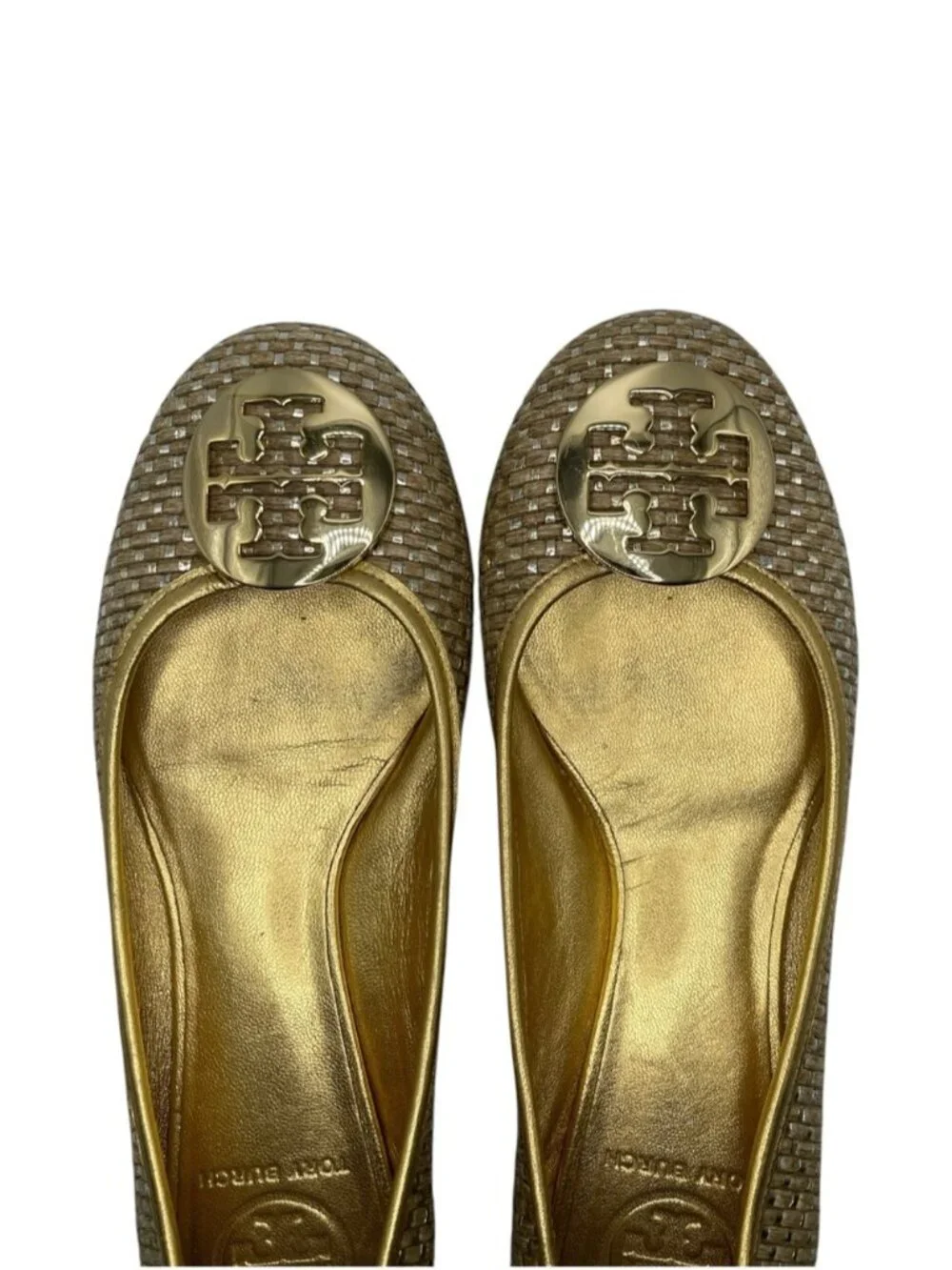 Tory Burch Reva Straw & Gold Leather Ballet Flats Medallion Women's Size 8 US